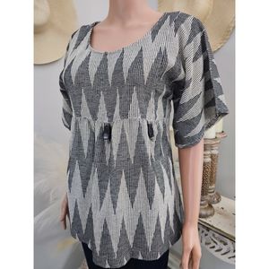 EUC Vetiver Black White Bohemian Empire Waist Beades Details Cotton Casual Top